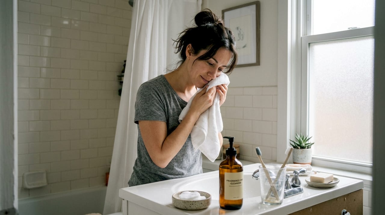 Woman gently cleansing face at bathroom sink