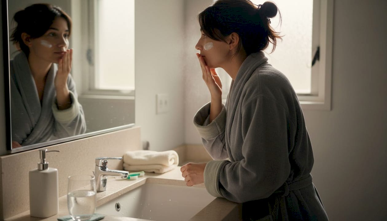 Woman moisturizing face at bathroom sink