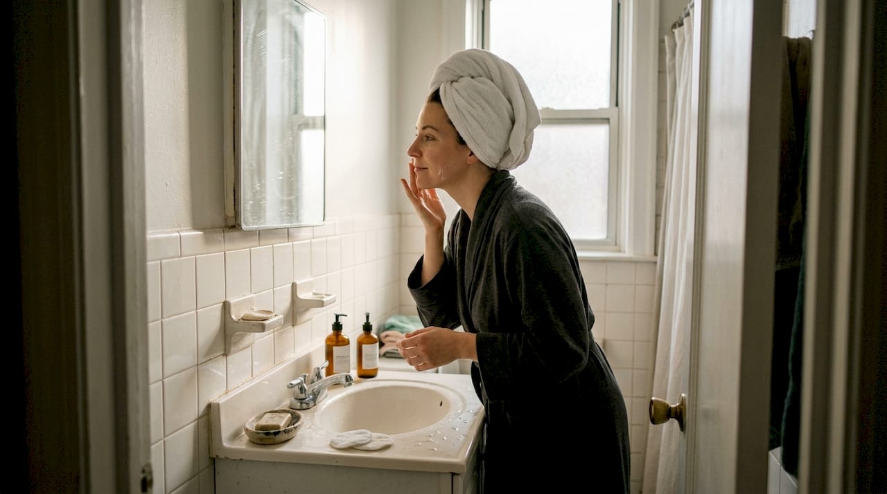 Woman applies moisturizer during bathroom skincare routine
