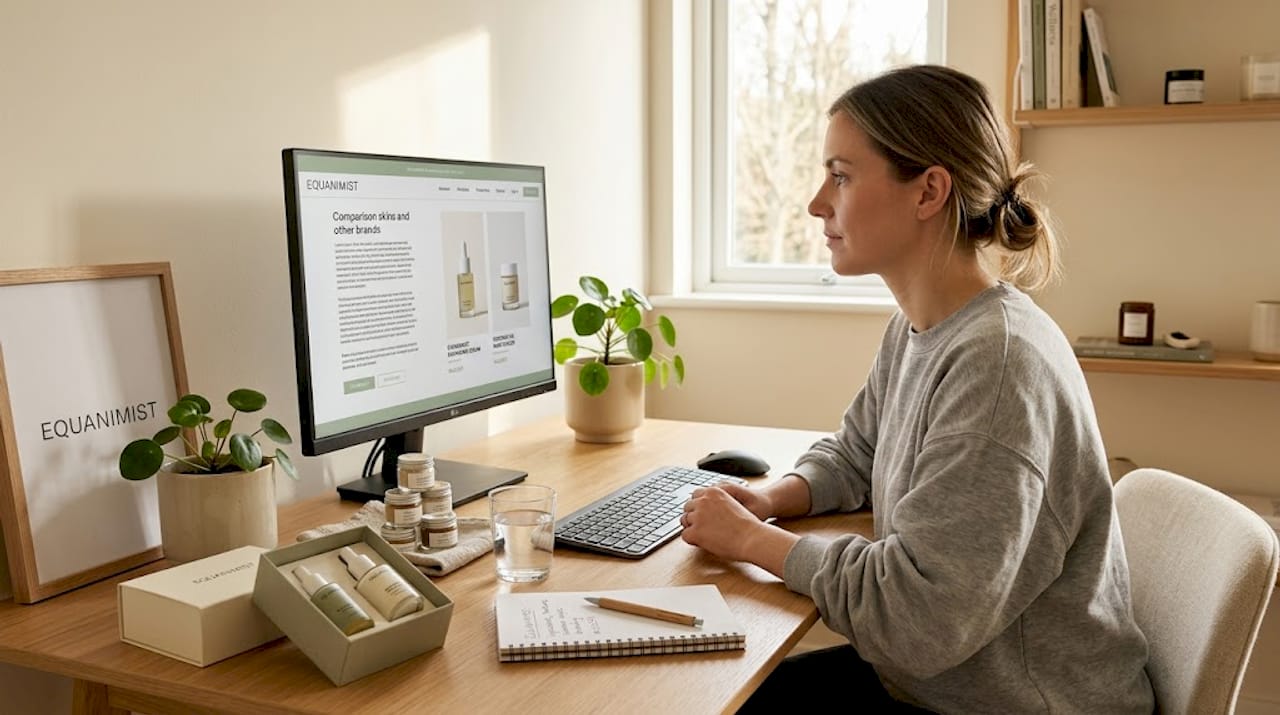 Editor comparing skincare brands at desk