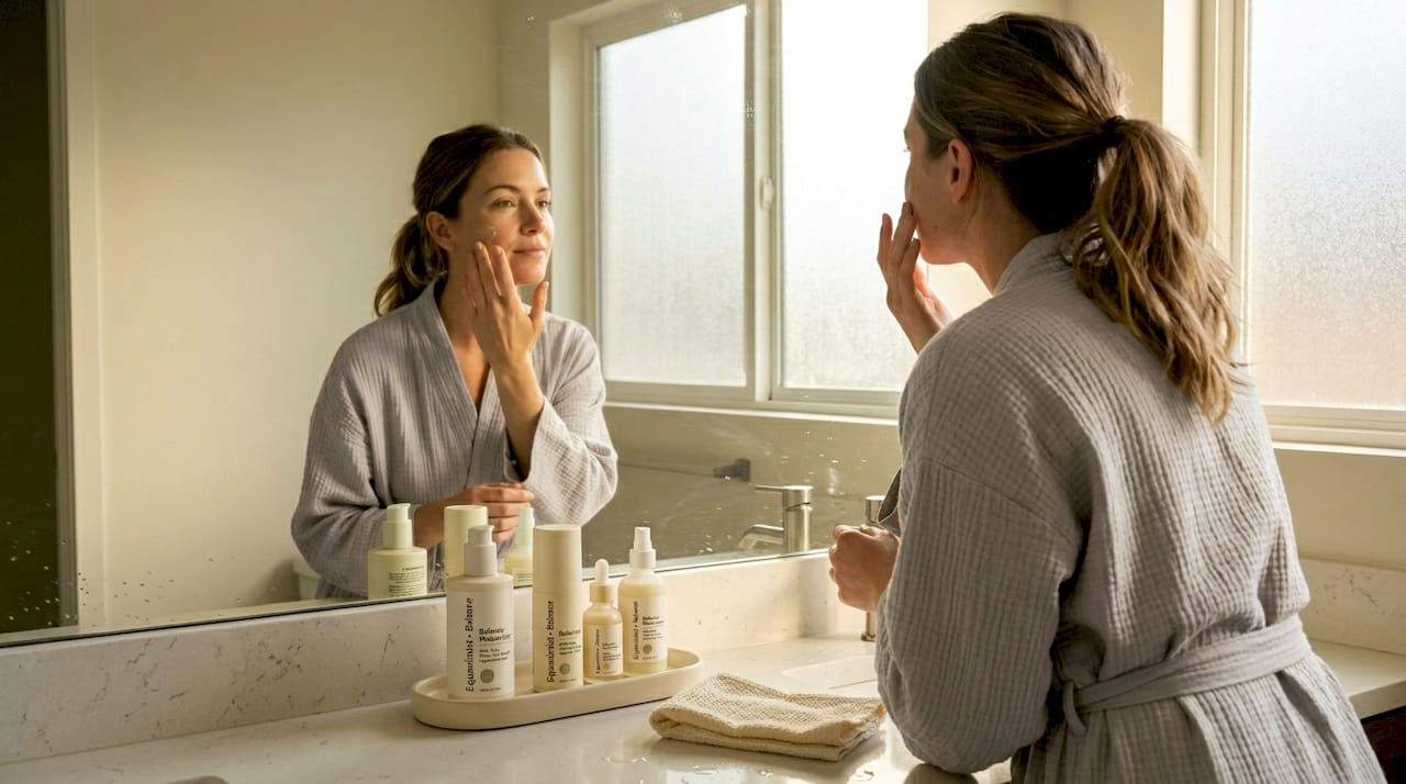 Woman applying moisturizer at bathroom counter